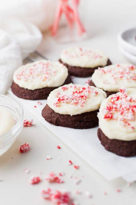 Peppermint Frosting on Chocolate Cookies.