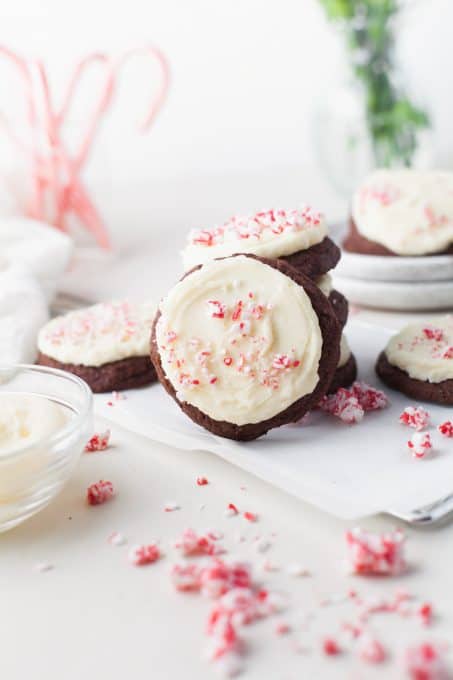 Crushed Candy Canes on Chocolate Peppermint Cookies