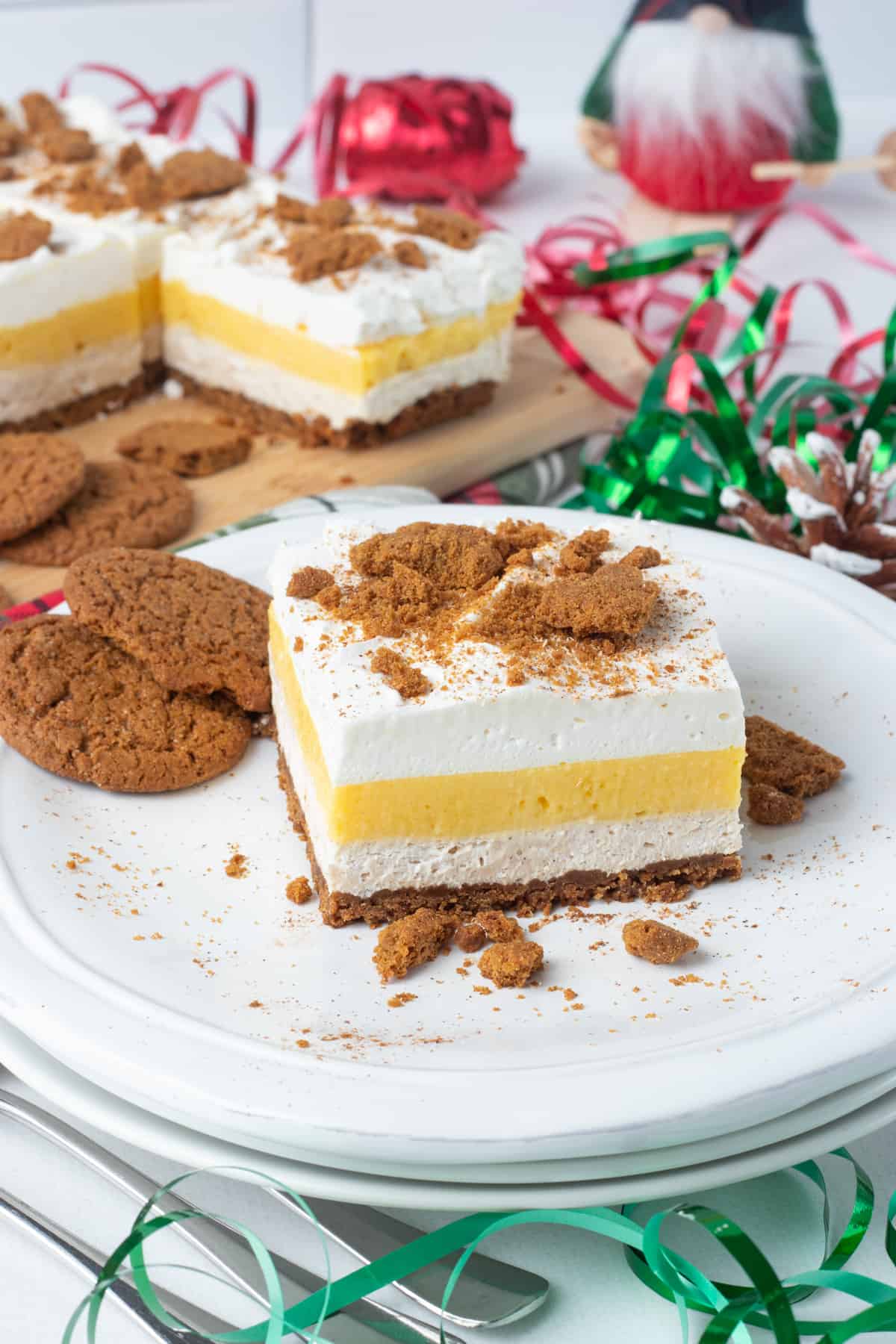 A slice of no bake layered eggnog lasagna.