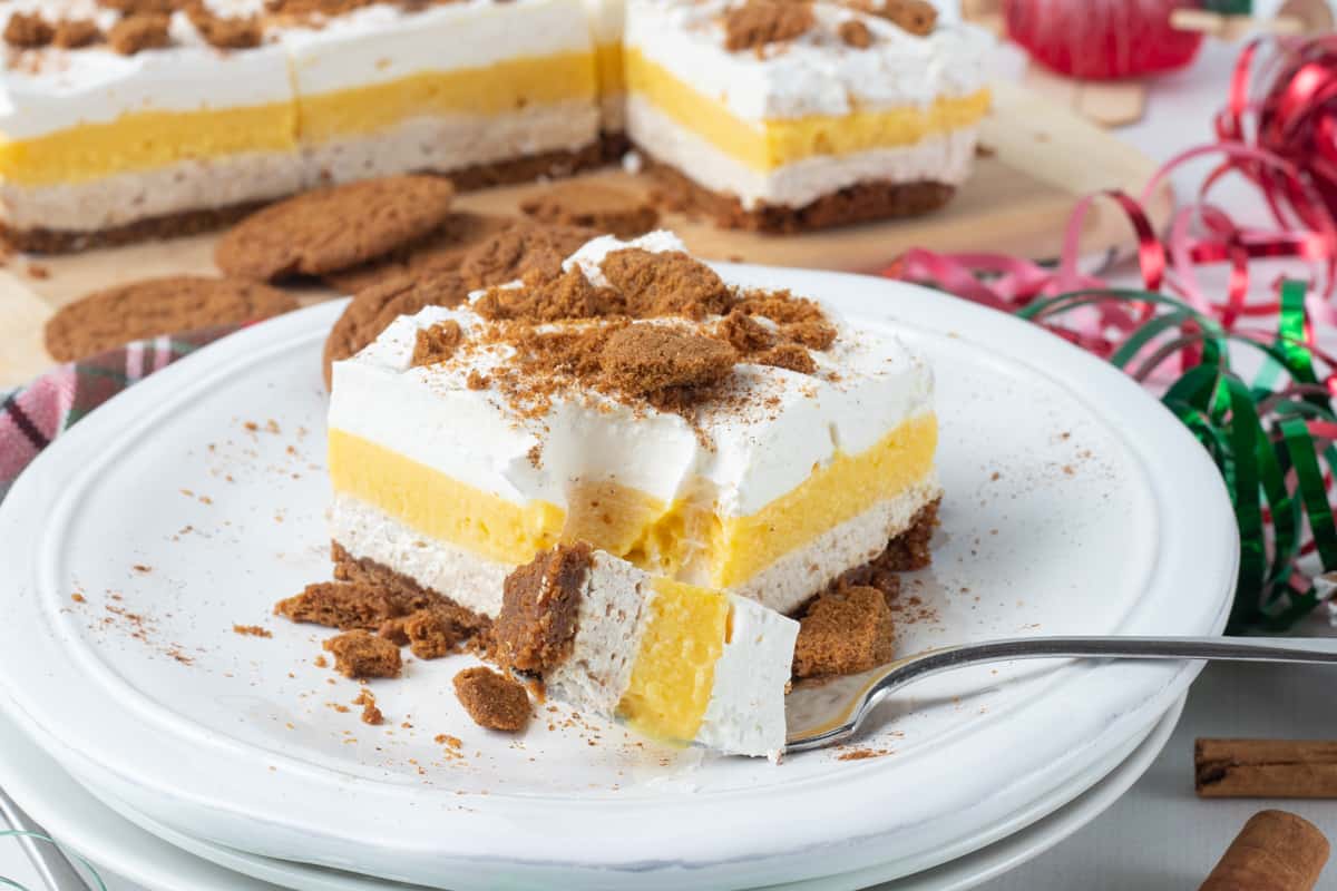 A no bake layered eggnog dessert.