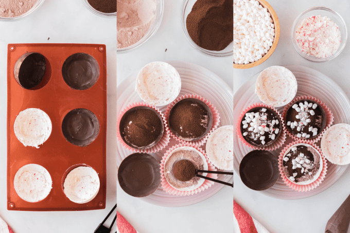 Process shots for Peppermint Mocha Hot Chocolate Bombs