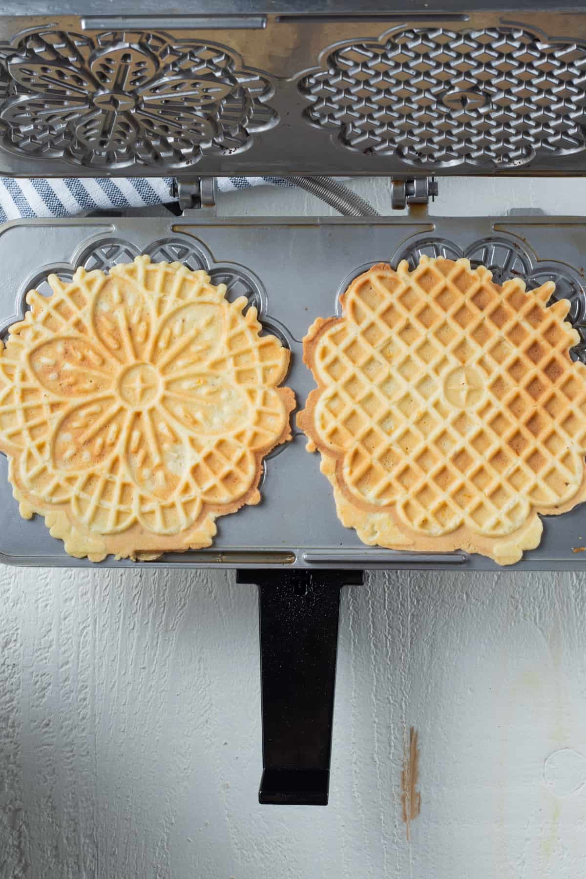 Baked cookie in a Pizzelle iron.