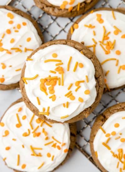 Carrot Cake Mix cookies frosted with Cream Cheese and sprinkles.