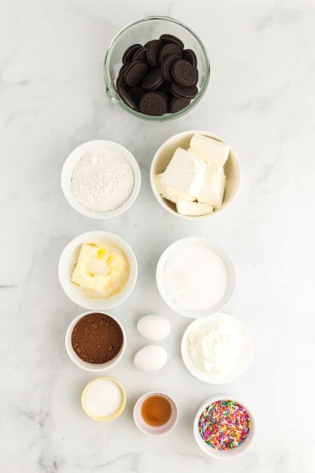 Ingredients for Funfetti Oreo Cheesecake Bars