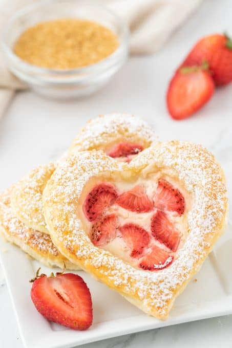 Strawberry Cream Cheese Danish in the shape of hearts.
