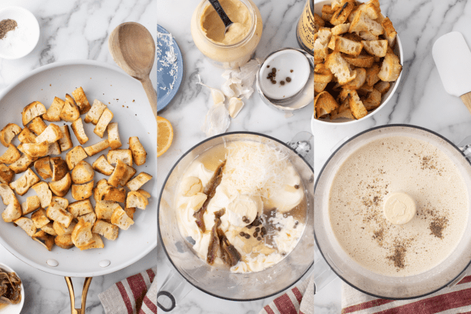 Process photos for homemade croutons and Caesar Salad dressing.