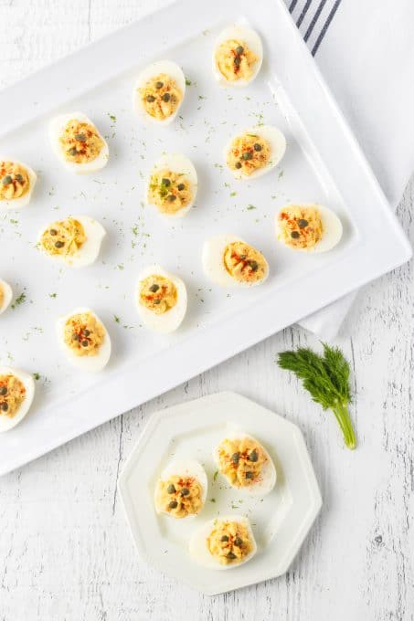 Filled hard boiled egg halves.