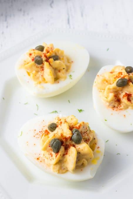 Hard boiled egg halves filled with a creamy and flavorful filling.