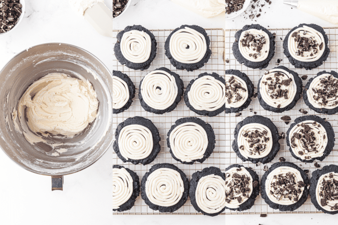 Frosting process steps for Copycat Crumbl Oreo Cookies.