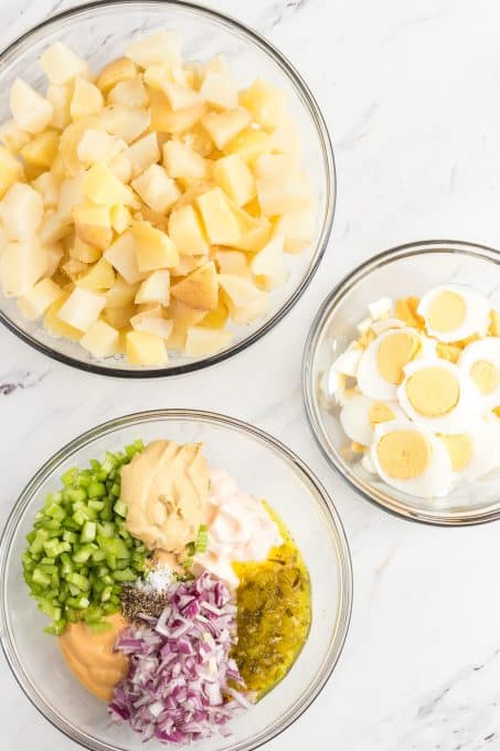 Making Potato Salad with Chick fil A sauce and other ingredients.