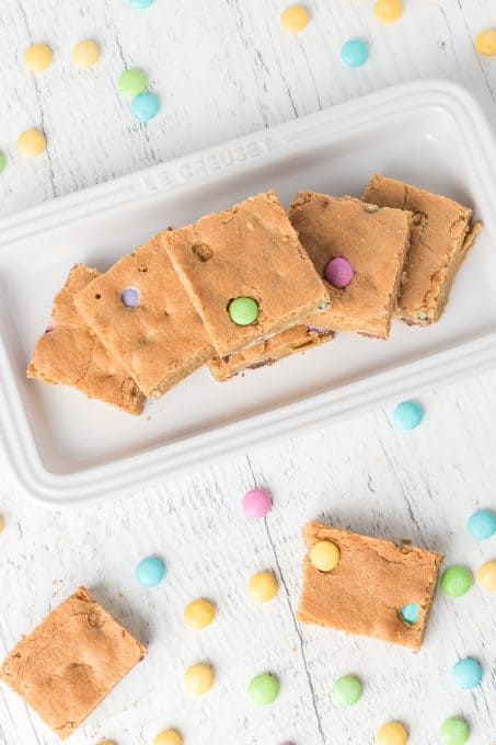 Pastel M&M's in an easy blondie recipe.