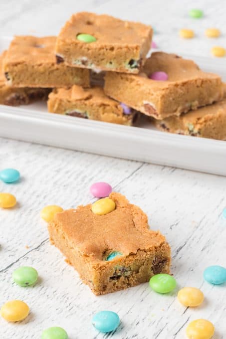 Buttery Blondies with pastel chocolate candies.