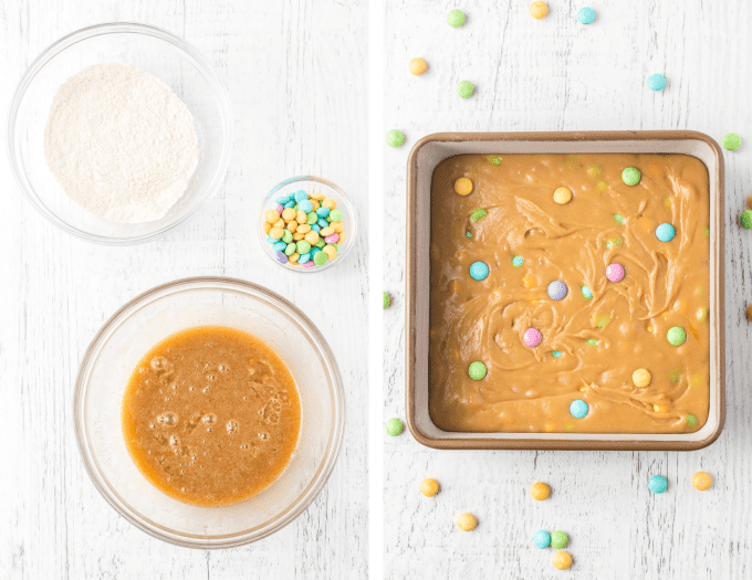Process steps for Blondies with M&M's