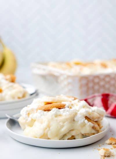 Banana pudding with Nilla Wafers, banana slices, and whipped cream.