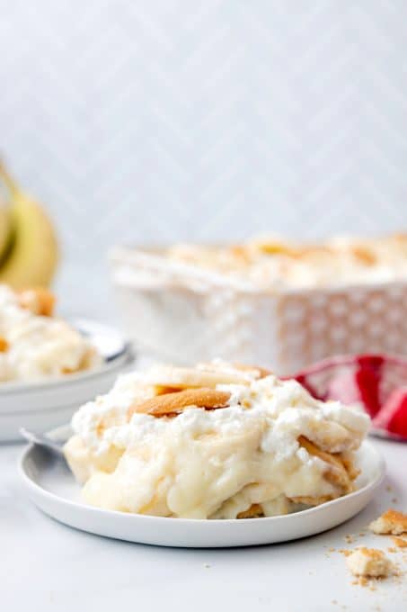 Banana pudding with Nilla Wafers, banana slices, and whipped cream.