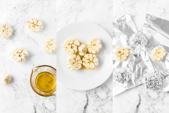 Process photos for roasting garlic.