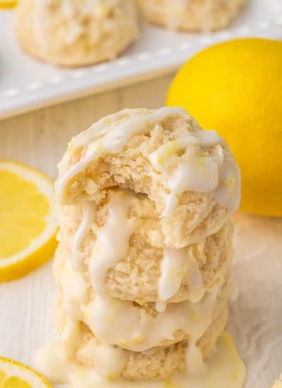 A stack of glazed cookies made with lemon.