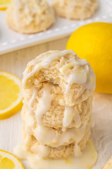 A stack of glazed cookies made with lemon.