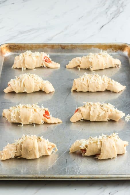 Pizza Rolls on a baking sheet.