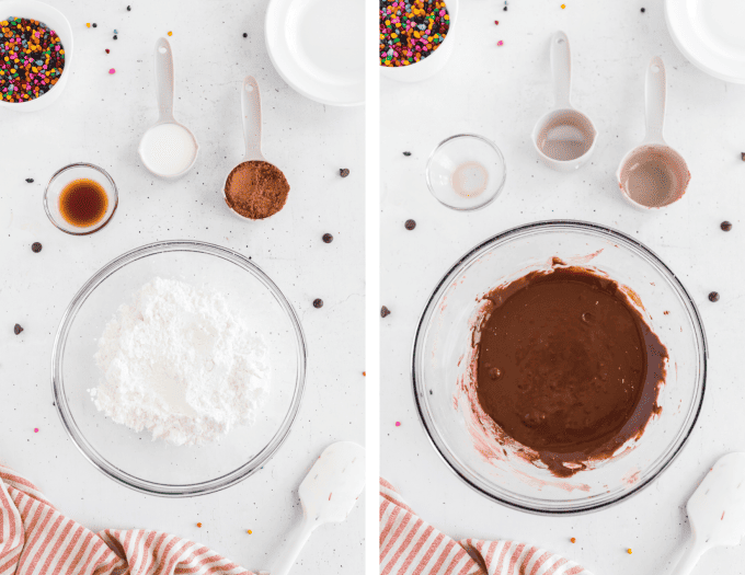 Process photos for making chocolate frosting for brownie cookies.