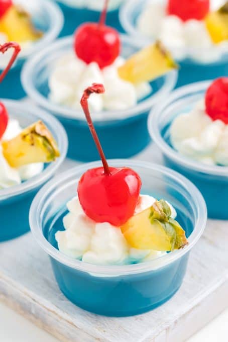 A Blue Hawaiian cocktail made into jello shots