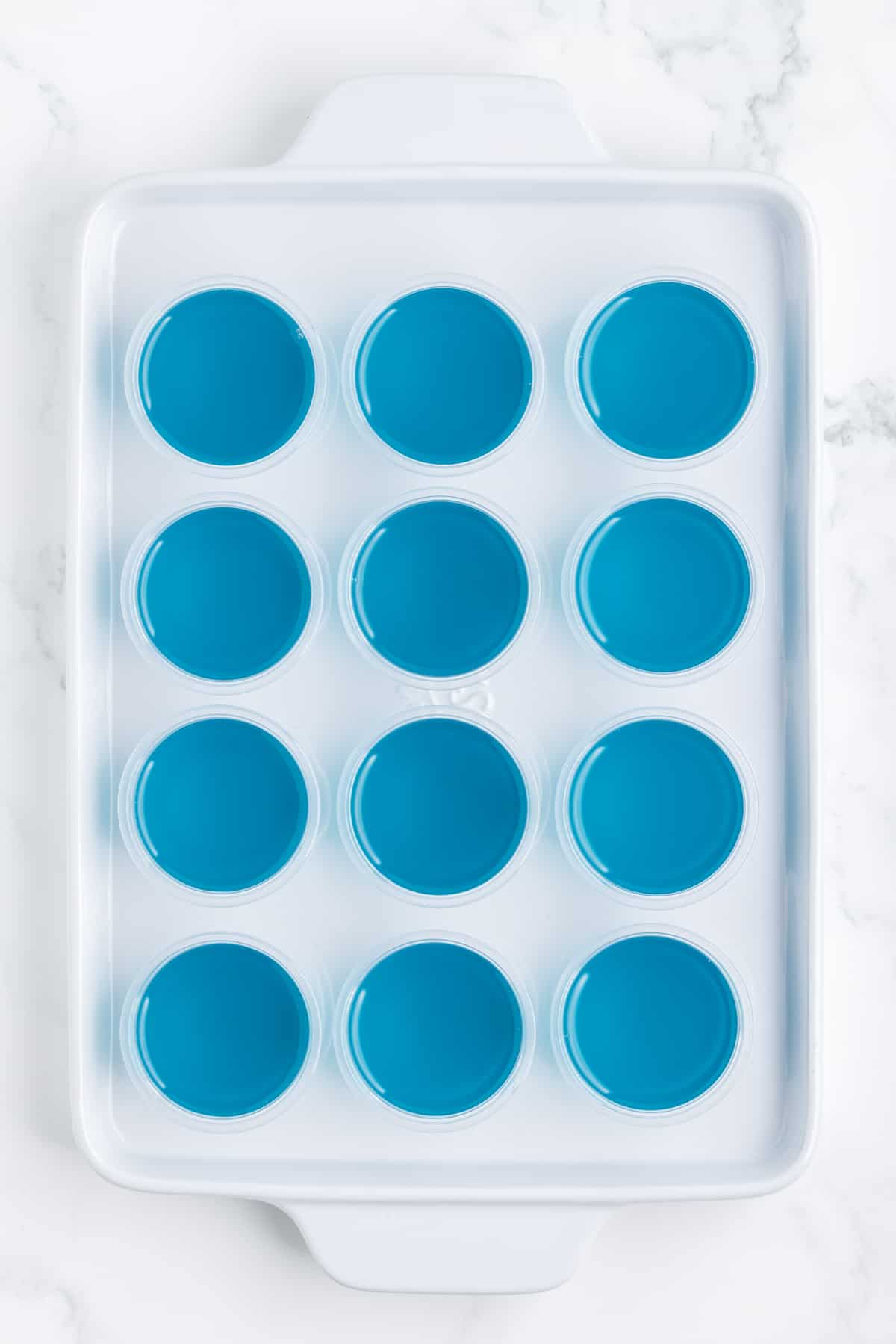 Blue jello shots ready to be chilled.
