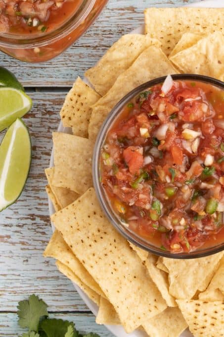 A bowl of fresh homemade salsa surrounded by tortilla chips.