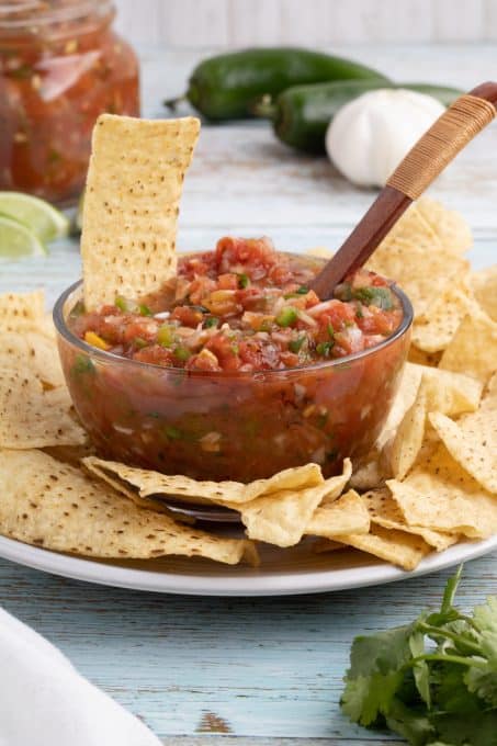 A bowl of restaurant-style salsa.