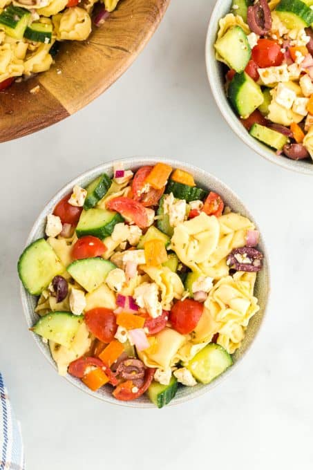 Tortellini pasta in a salad with veggies.