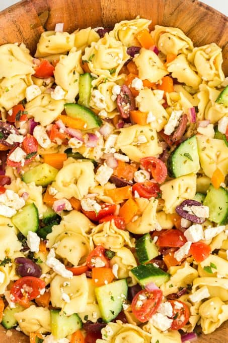 Cheese tortellini in a veggie salad with Greek dressing.