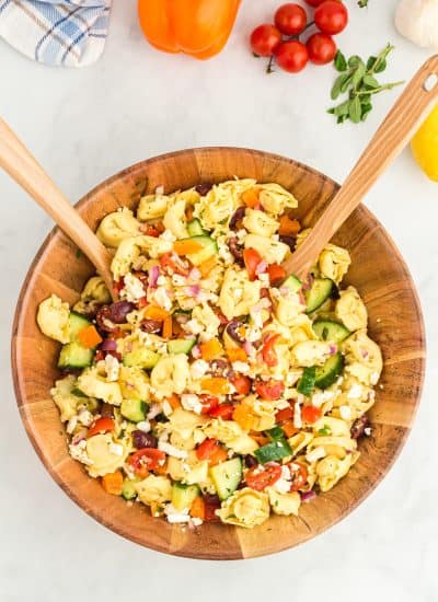 Greek pasta salad with vegetables.