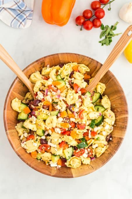 Greek pasta salad with vegetables.