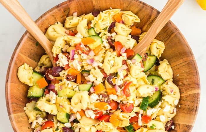 Greek pasta salad with vegetables.