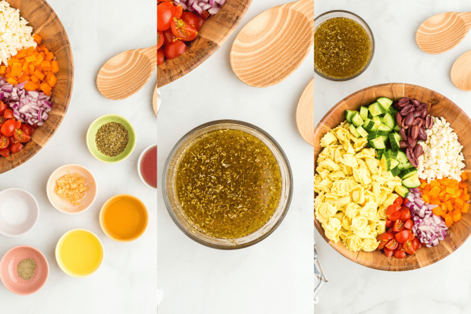 Process photos for Greek Tortellini Pasta Salad.