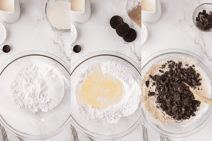 Process photos for making Oreo Pancakes.