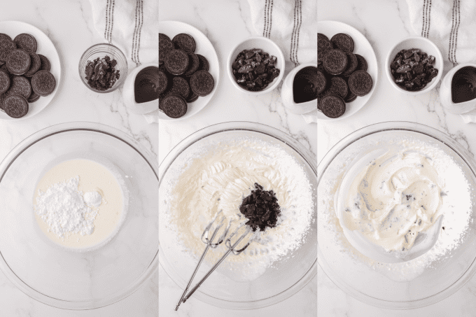 Process photos for making Oreo Whipped Cream.
