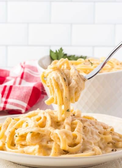 A spoonful of Fettuccine Alfredo.