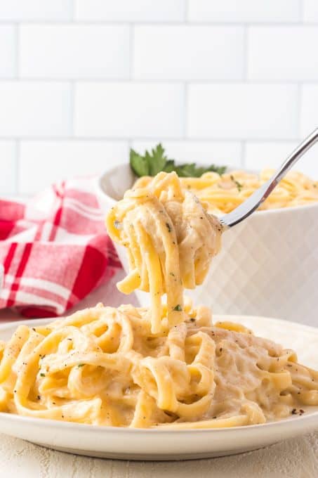 A spoonful of Fettuccine Alfredo.