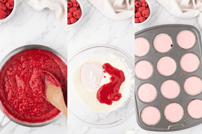 Process photos for Mini Raspberry Cheesecakes
