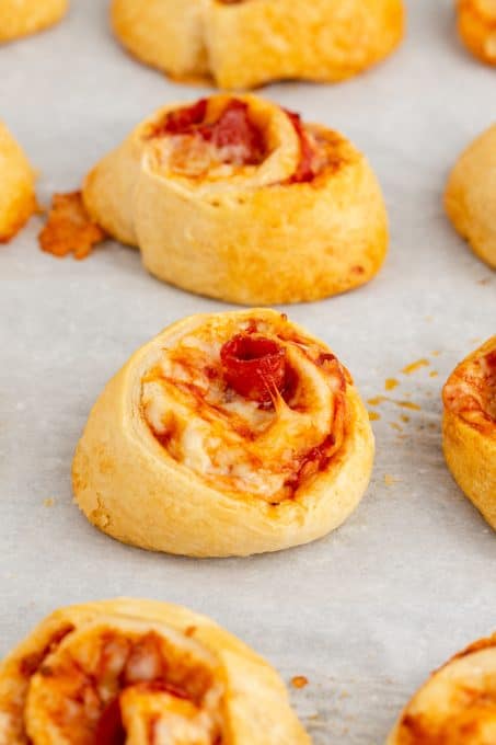 Freshly baked pepperoni pinwheels.