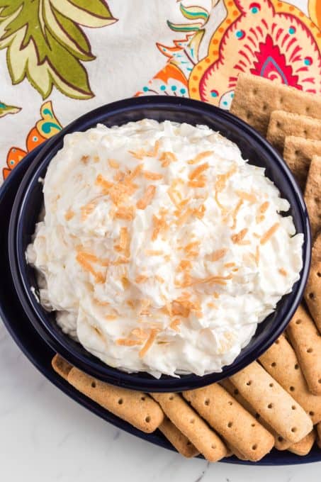 Fruit Dip with coconut, pineapple, cream cheese, and rum extract.