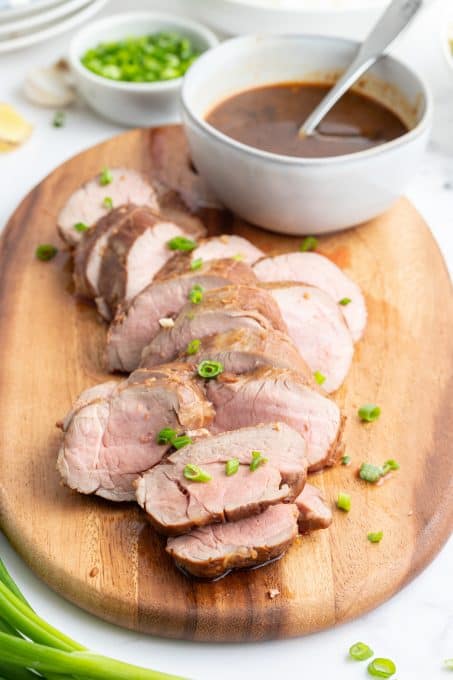 Pork tenderloin medallions with an Asian sauce.