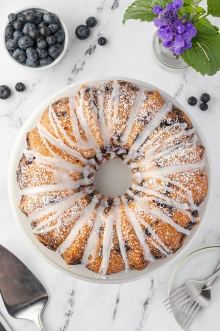 Top of a glazed Blueberry Coffee Cake