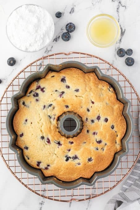 Blueberry coffee cake fresh from the oven.