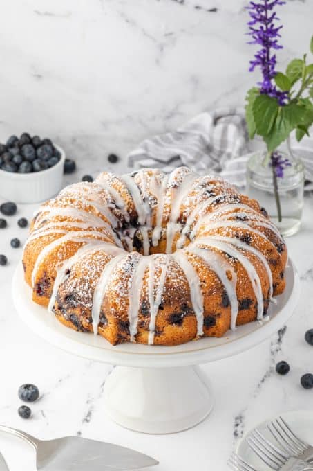 A sour cream coffee cake with blueberries.
