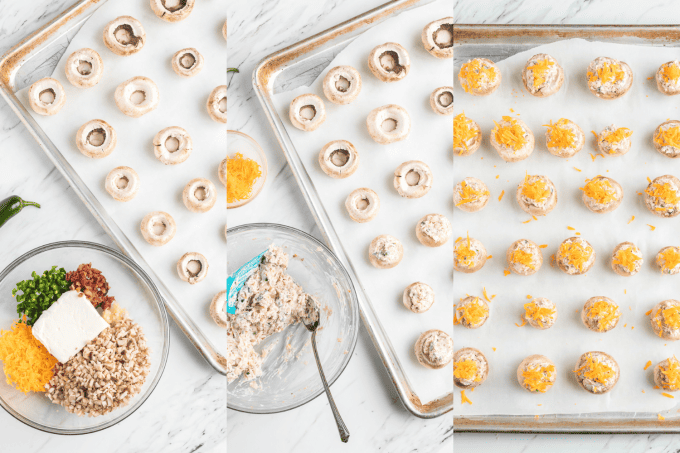 Process photos for Jalapeno Popper Stuffed Mushrooms.