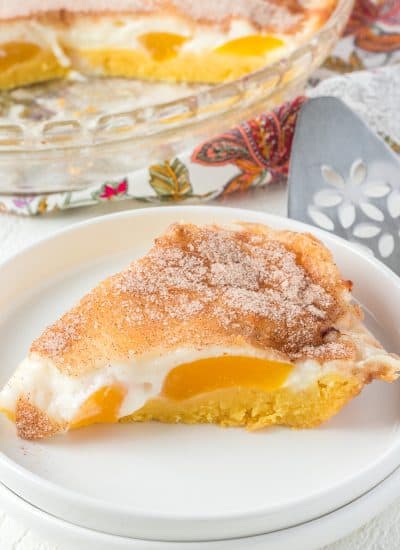 Peach pie with a cream cheese layer on top.