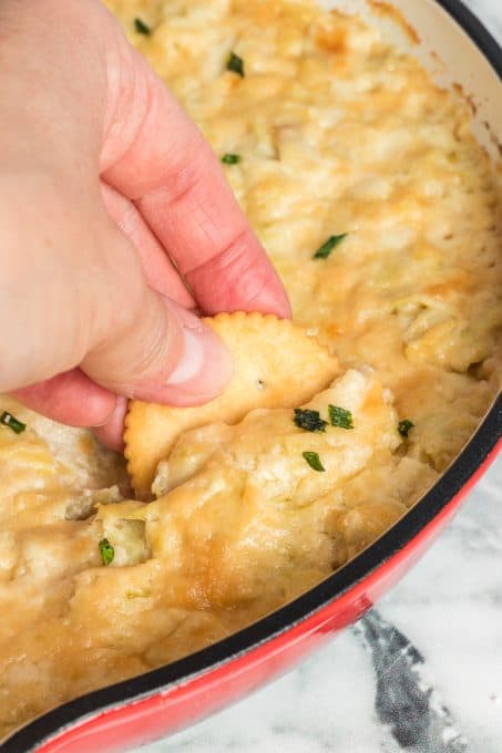 Dipping a cracker into a dip with artichokes and sour cream.