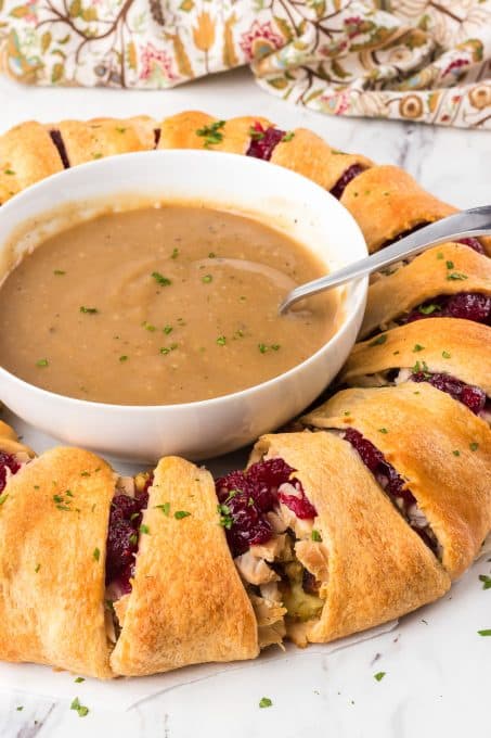 cranberry sauce, stuffing, mashed potatoes, turkey and crescent rolls make this easy weeknight dinner.