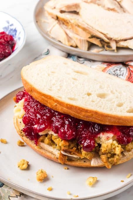 A sandwich made from Thanksgiving leftovers.